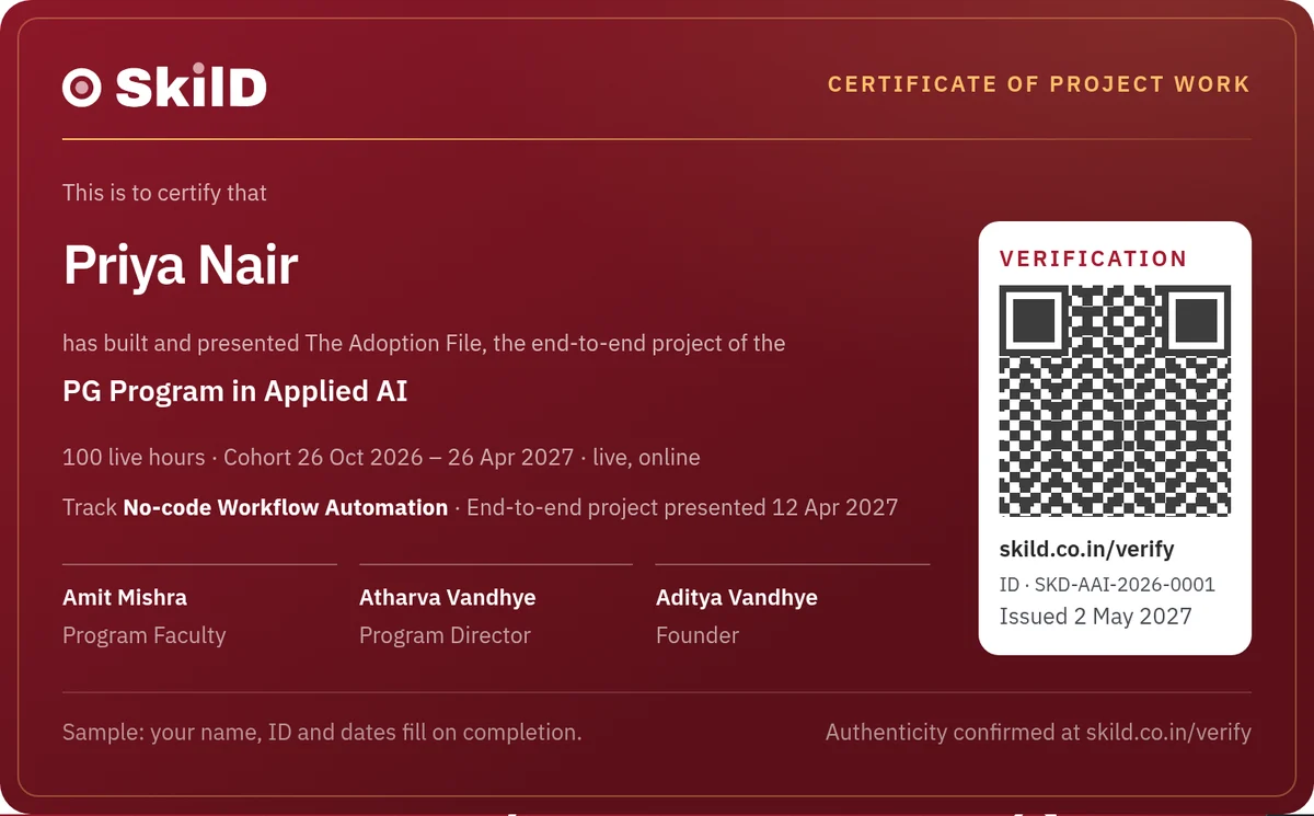Sample SkilD certificate of project work: This is to certify that Priya Nair has built and presented The Adoption File, the end-to-end project of the PG Program in Applied AI
