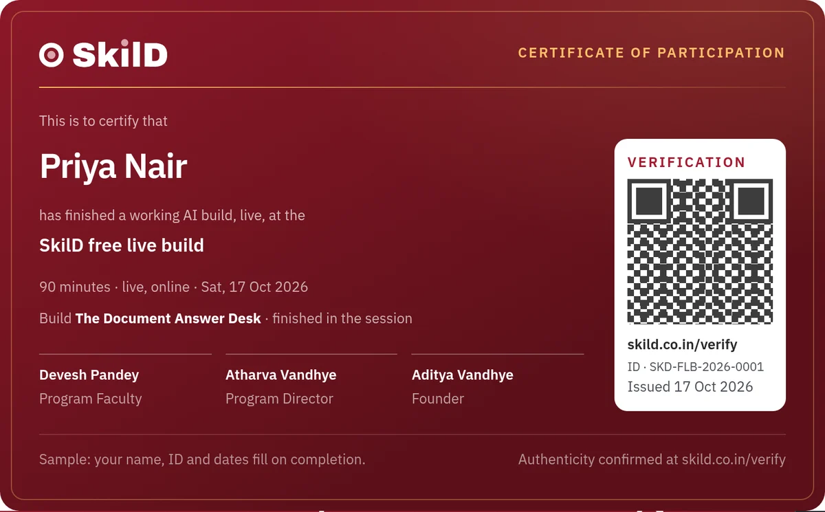 Sample SkilD certificate of participation for the free live build